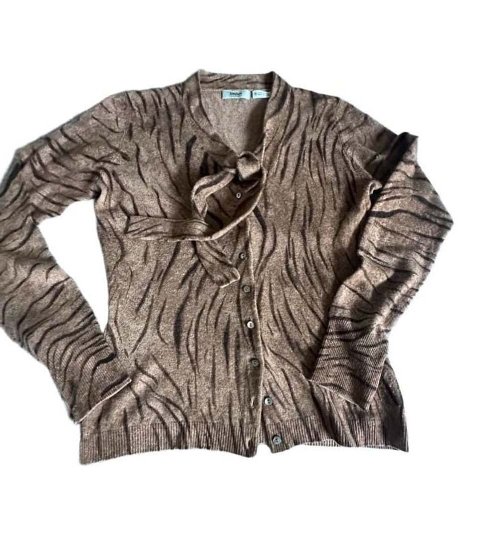 Neiman Marcus Cashmere Cardigan Size M Brown Zebra Print Silk Tie Neck